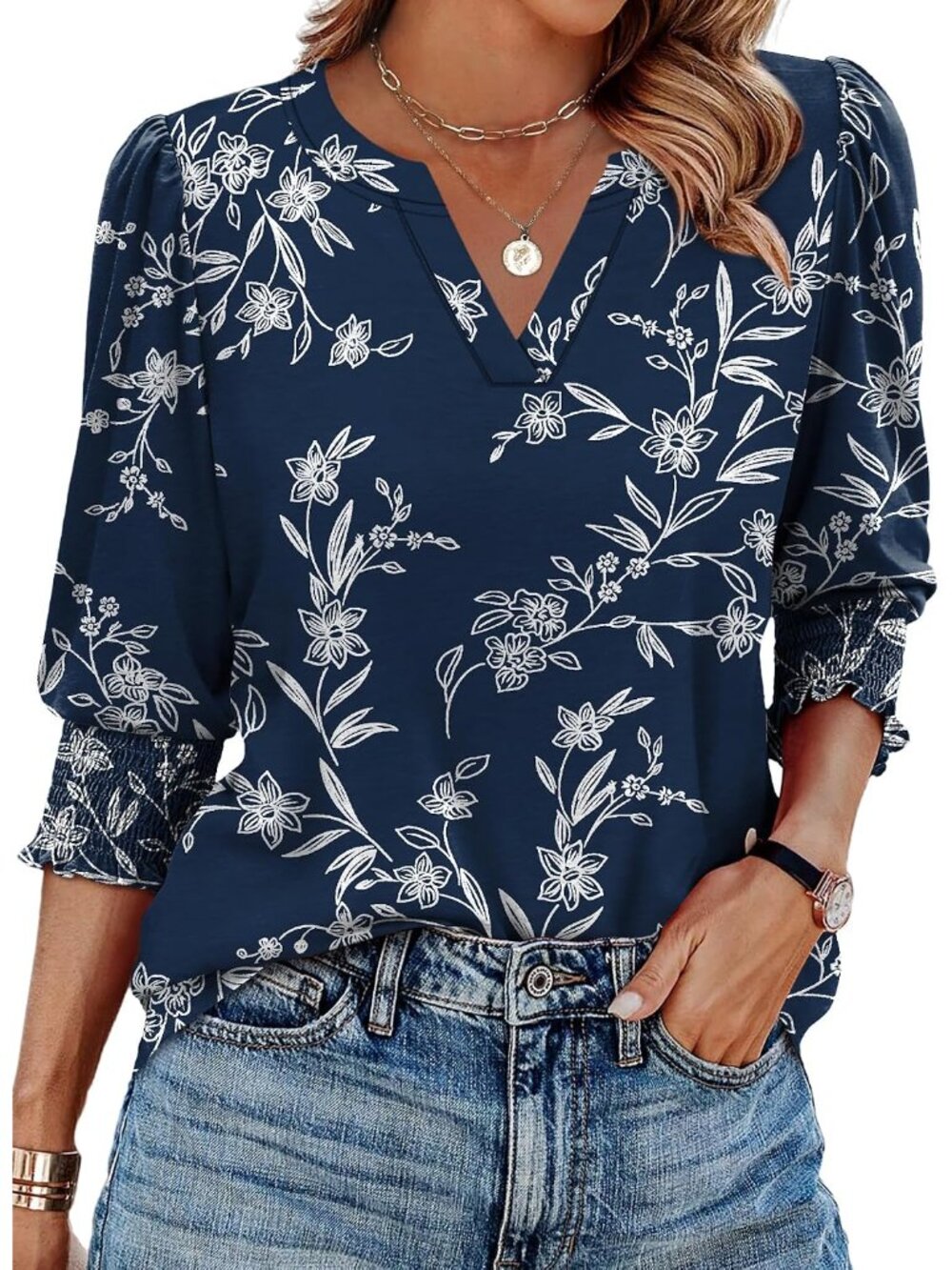 Blouses for Women Dressy Casual 3/4 Length Sleeve Womens Tops V Neck T Shirts wi